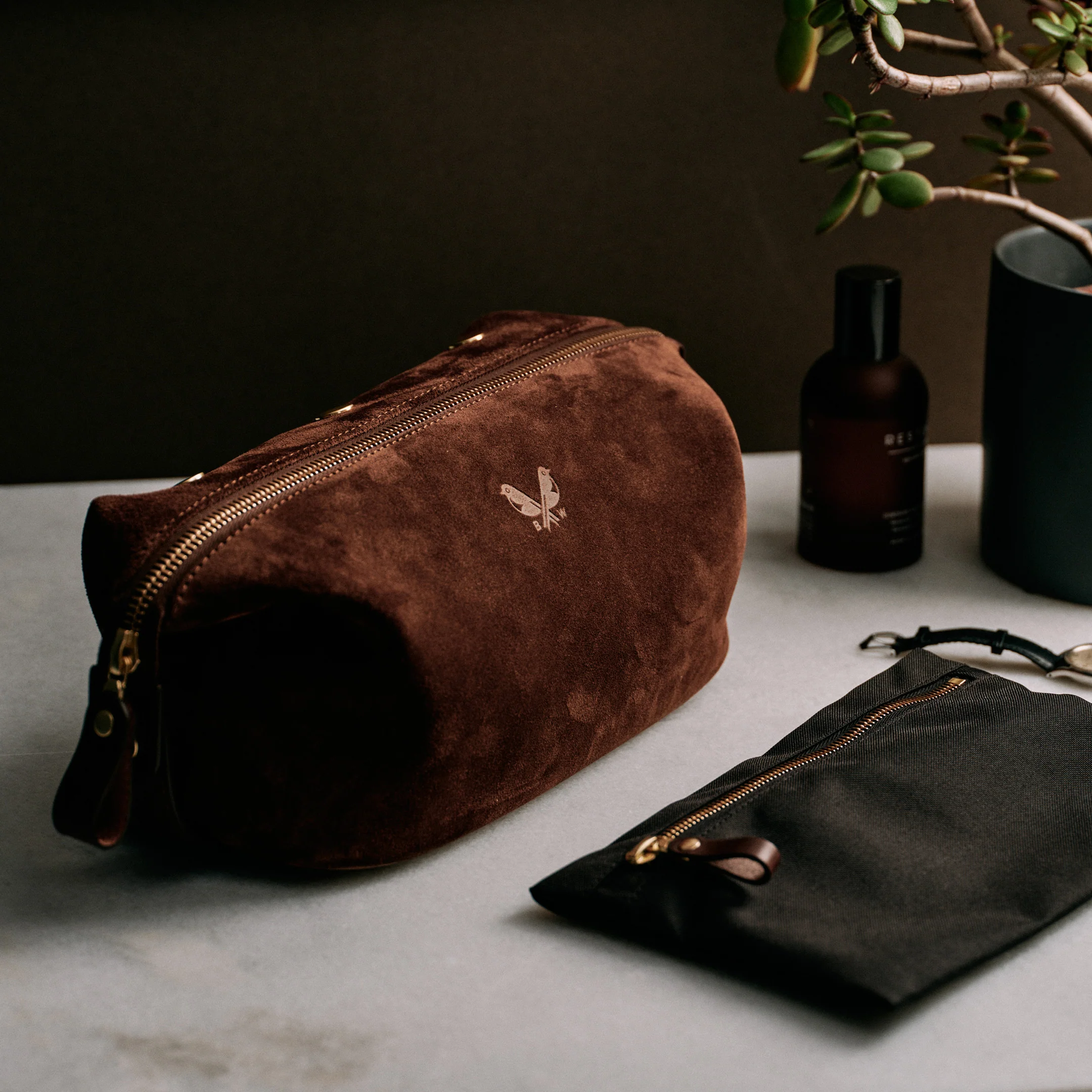 Suede Wash Bag / Dopp Kit - Tobacco Brown - Image 9